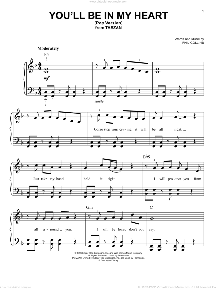 You'll Be In My Heart (Pop Version) sheet music for piano solo by Phil Collins, easy skill level