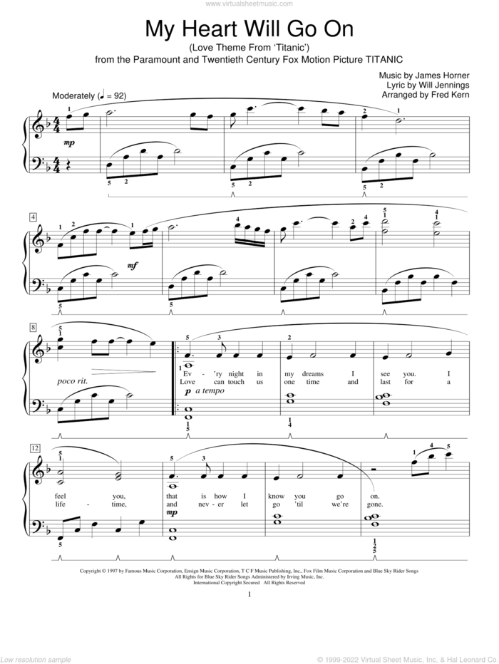 My Heart Will Go On (Love Theme from Titanic) sheet music for piano solo (elementary) by Celine Dion, Fred Kern, Miscellaneous, James Horner and Will Jennings, wedding score, beginner piano (elementary)