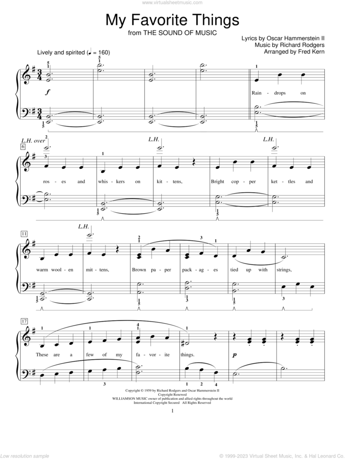 My Favorite Things sheet music for piano solo (elementary) by Rodgers & Hammerstein, Fred Kern, Miscellaneous, The Sound Of Music (Musical), Oscar II Hammerstein and Richard Rodgers, beginner piano (elementary)