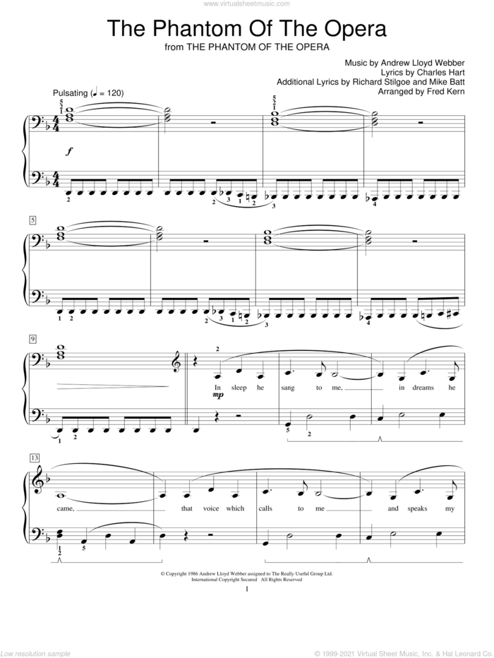 The Phantom Of The Opera sheet music for piano solo (elementary) by Andrew Lloyd Webber, Fred Kern, Miscellaneous, Charles Hart, Mike Batt and Richard Stilgoe, beginner piano (elementary)