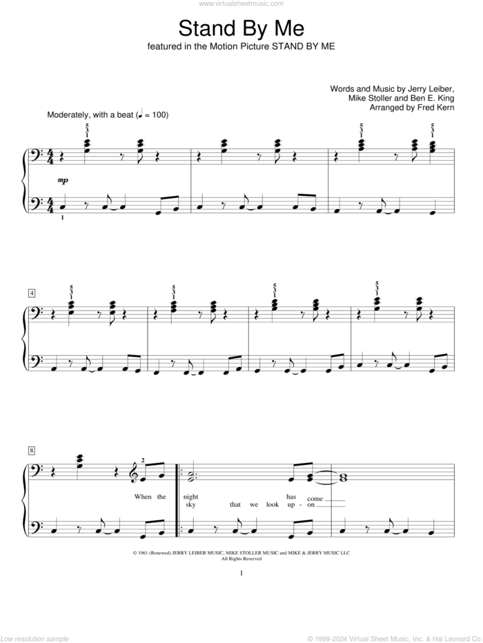 Stand By Me sheet music for piano solo (elementary) by Ben E. King, Fred Kern, Miscellaneous, Jerry Leiber and Mike Stoller, beginner piano (elementary)