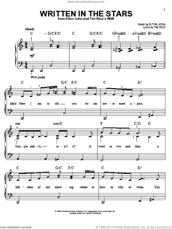 Written In The Stars sheet music for piano solo by Tim Rice and Elton John, easy skill level