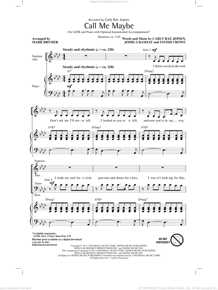Call Me Maybe sheet music for choir (SATB: soprano, alto, tenor, bass) by Mark Brymer and Carly Rae Jepsen, intermediate skill level