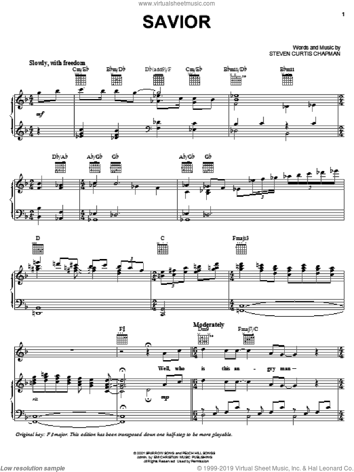Savior sheet music for voice, piano or guitar by Steven Curtis Chapman, intermediate skill level