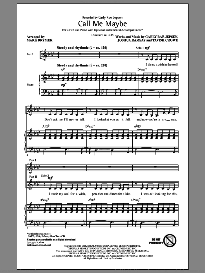 Call Me Maybe sheet music for choir (2-Part) by Mark Brymer and Carly Rae Jepsen, intermediate duet
