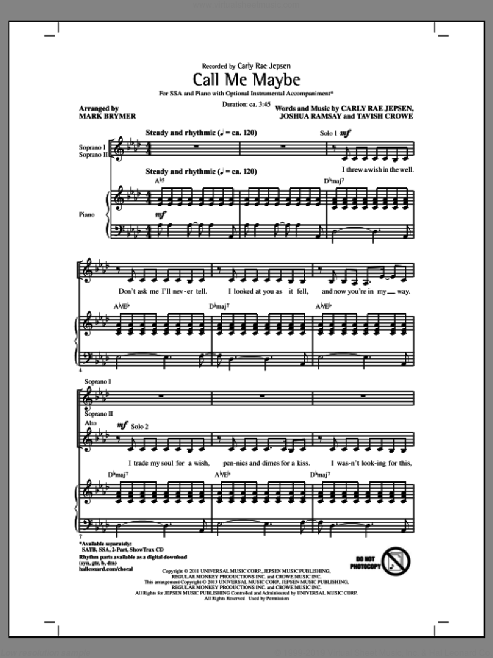 Call Me Maybe sheet music for choir (SSA: soprano, alto) by Mark Brymer and Carly Rae Jepsen, intermediate skill level
