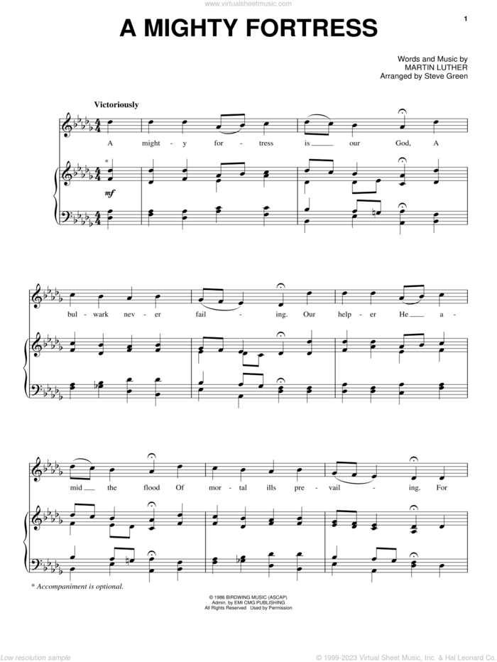 A Mighty Fortress sheet music for voice, piano or guitar by Steve Green and Martin Luther, intermediate skill level
