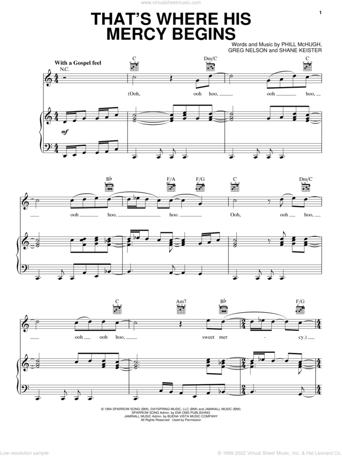 That's Where His Mercy Begins sheet music for voice, piano or guitar by Steve Green, Greg Nelson, Phil McHugh and Shane Keister, intermediate skill level