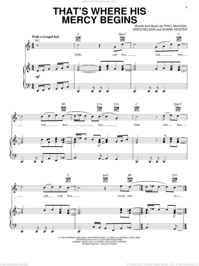 That's Where His Mercy Begins sheet music for voice, piano or guitar by Steve Green, Greg Nelson, Phil McHugh and Shane Keister, intermediate skill level