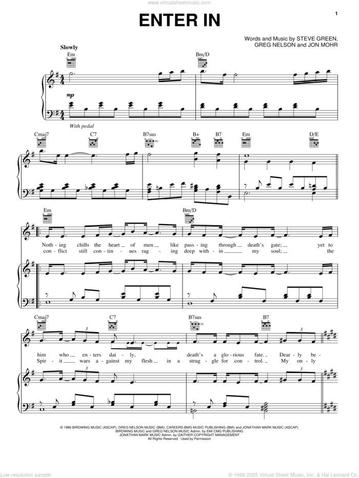 Enter In sheet music for voice, piano or guitar by Steve Green, Greg Nelson and Jon Mohr, intermediate skill level