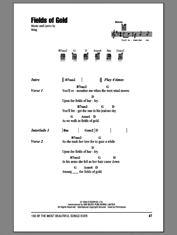 Fields Of Gold sheet music for ukulele (chords) by Sting, intermediate skill level