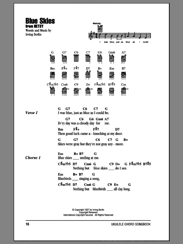 Blue Skies sheet music for ukulele (chords) by Irving Berlin and Willie Nelson, intermediate skill level
