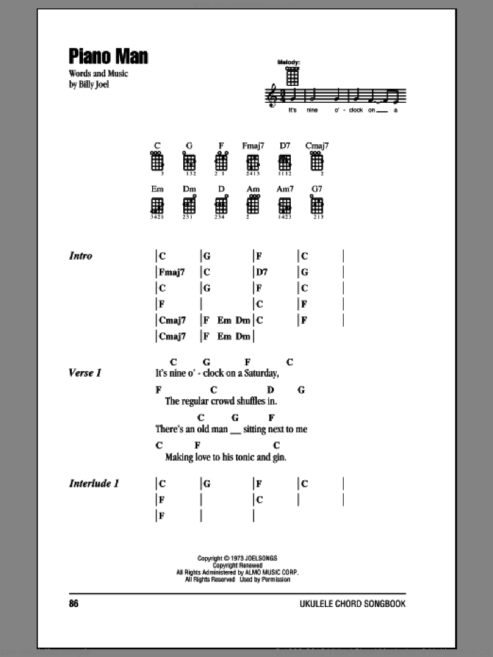 Piano Man sheet music for ukulele (chords) by Billy Joel, intermediate skill level