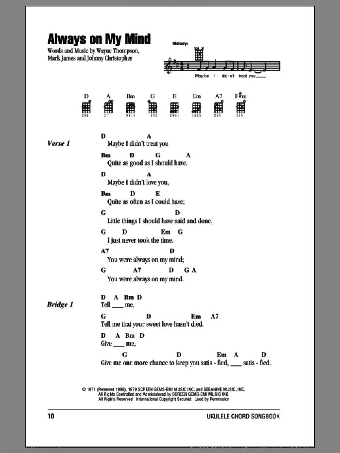 Always On My Mind sheet music for ukulele (chords) by Willie Nelson, intermediate skill level