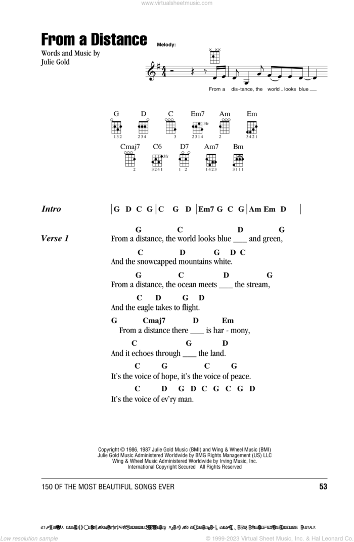 From A Distance sheet music for ukulele (chords) by Bette Midler and Julie Gold, intermediate skill level