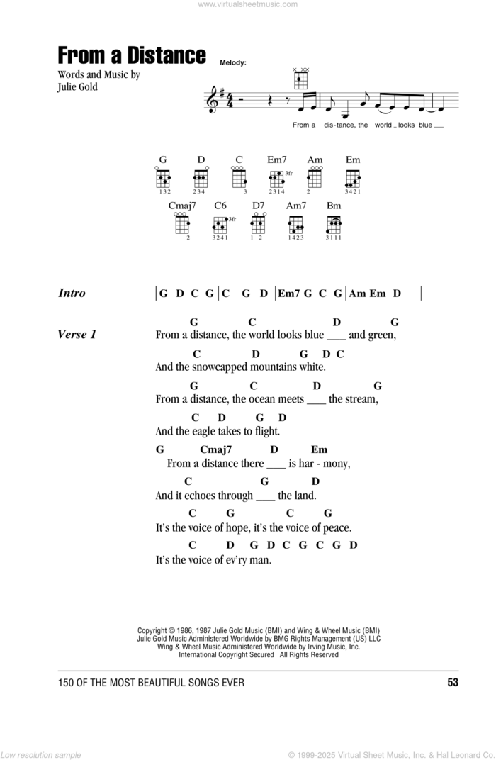 From A Distance sheet music for ukulele (chords) by Bette Midler and Julie Gold, intermediate skill level