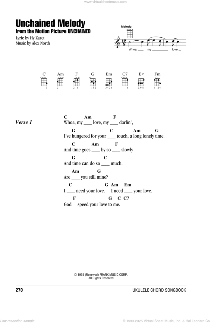 Unchained Melody sheet music for ukulele (chords) by The Righteous Brothers and Elvis Presley, wedding score, intermediate skill level