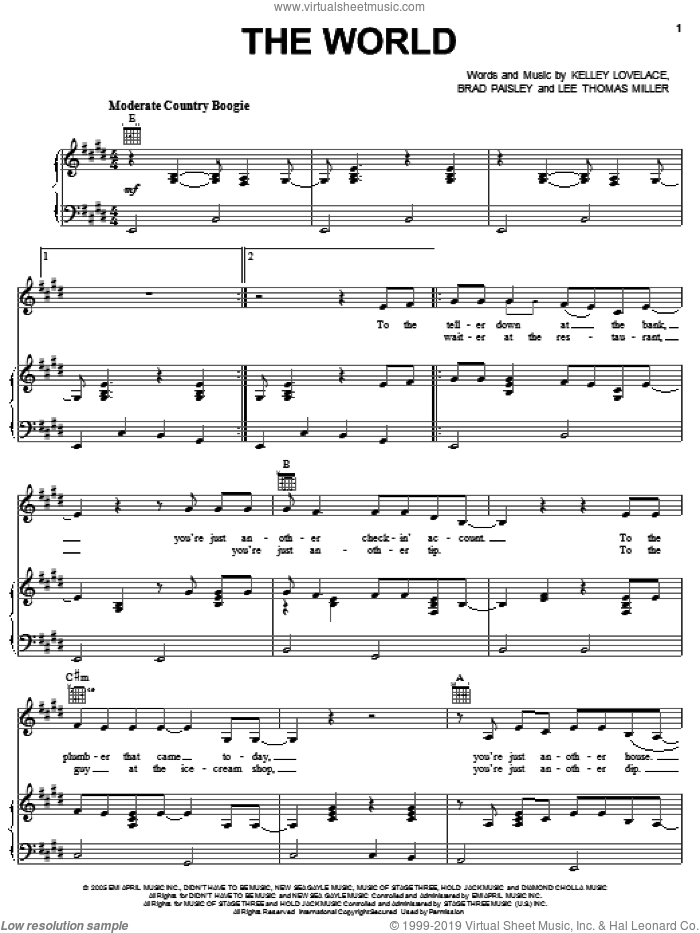 The World sheet music for voice, piano or guitar by Brad Paisley, Kelley Lovelace and Lee Thomas Miller, intermediate skill level