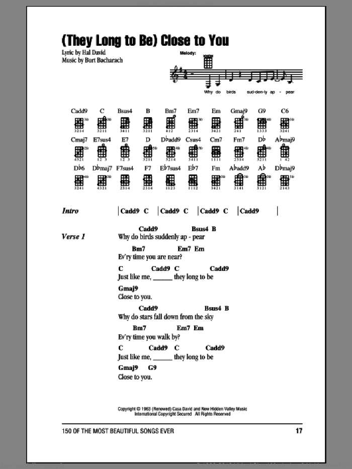(They Long To Be) Close To You sheet music for ukulele (chords) by Burt Bacharach, Carpenters and Hal David, intermediate skill level