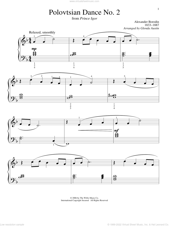 Polovtsian Dance No. 2 sheet music for piano solo (elementary) by Alexander Borodin, classical score, beginner piano (elementary)