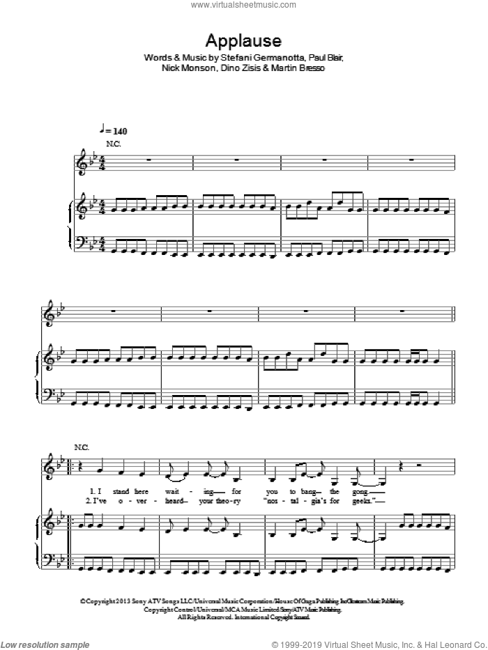 Applause sheet music for voice, piano or guitar by Lady Gaga, Dino Zisis, Martin Bresso, Nick Monson and Paul Blair, intermediate skill level