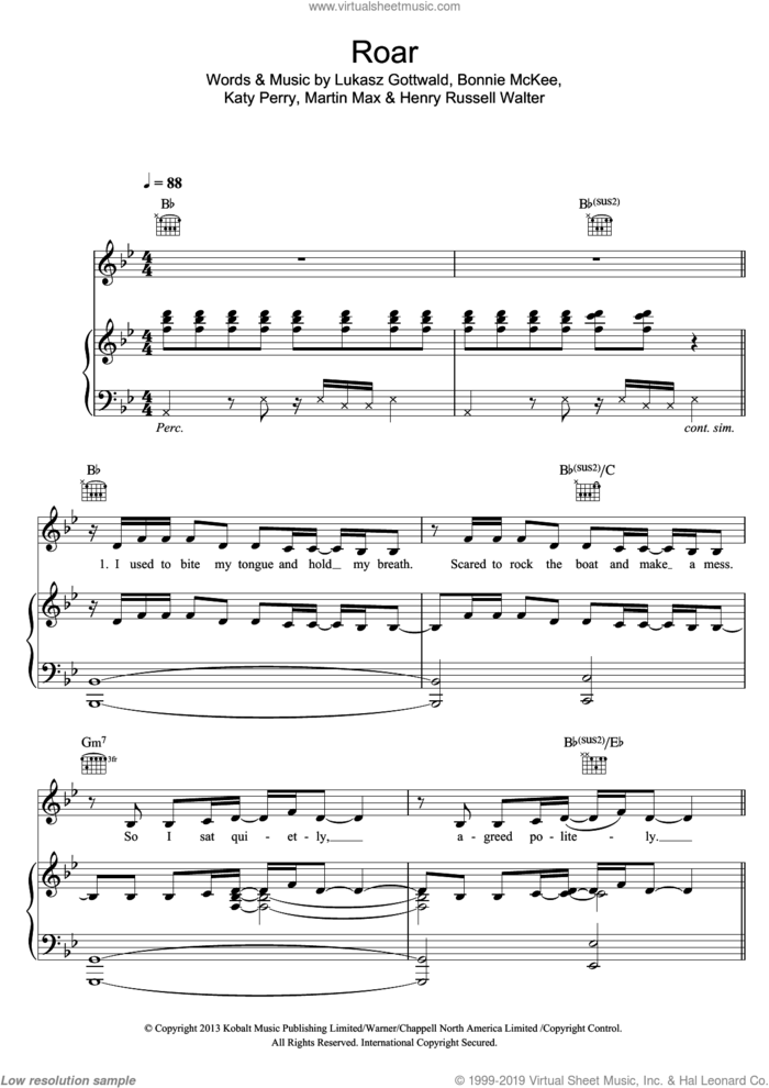 Roar sheet music for voice, piano or guitar by Katy Perry, Bonnie McKee, Henry Russell Walter, Lukasz Gottwald and Martin Max, intermediate skill level