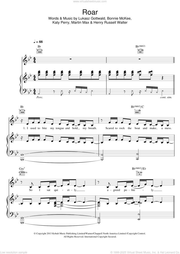 Roar sheet music for voice, piano or guitar by Katy Perry, Bonnie McKee, Henry Russell Walter, Lukasz Gottwald and Martin Max, intermediate skill level