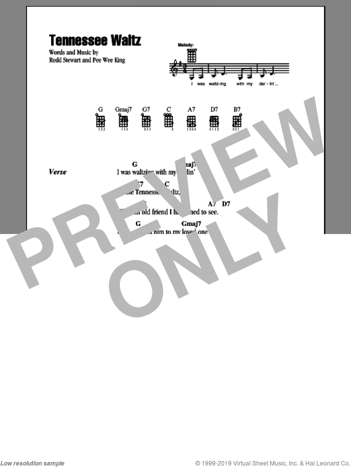 Tennessee Waltz sheet music for ukulele (chords) by Patti Page, Patty Page, Pee Wee King and Redd Stewart, intermediate skill level