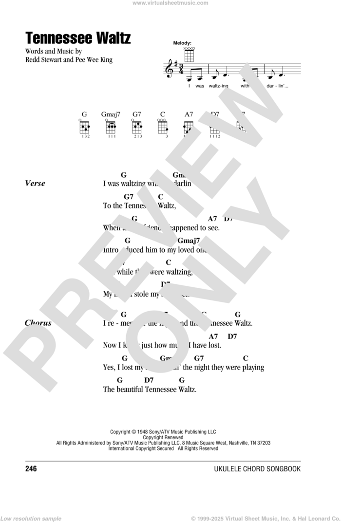 Tennessee Waltz sheet music for ukulele (chords) by Patti Page, Patty Page, Pee Wee King and Redd Stewart, intermediate skill level