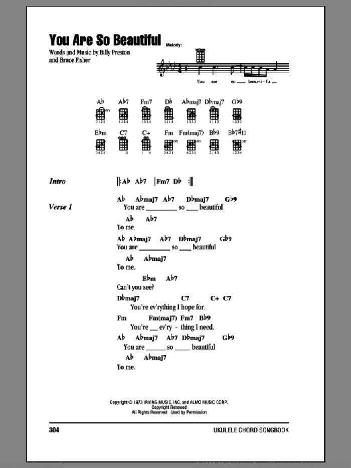 You Are So Beautiful sheet music for ukulele (chords) by Joe Cocker, Billy Preston and Bruce Fisher, intermediate skill level