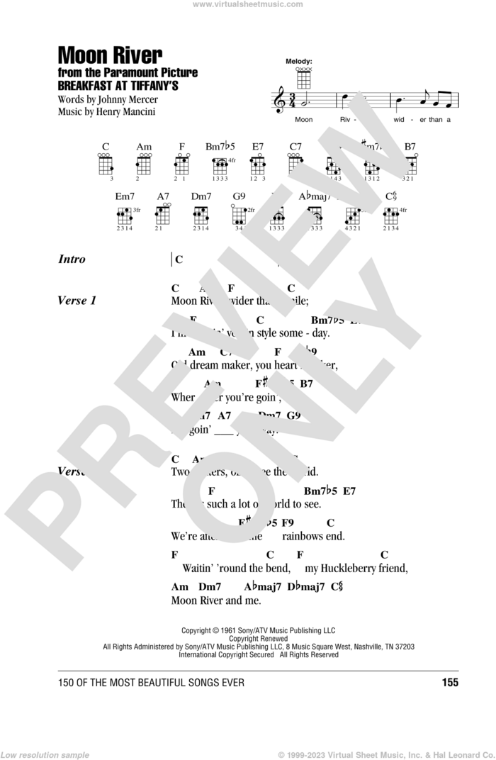 Moon River sheet music for ukulele (chords) by Henry Mancini, Andy Williams and Johnny Mercer, wedding score, intermediate skill level