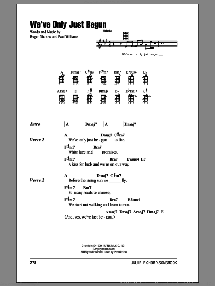 We've Only Just Begun sheet music for ukulele (chords) by Carpenters, Paul Williams and Roger Nichols, wedding score, intermediate skill level