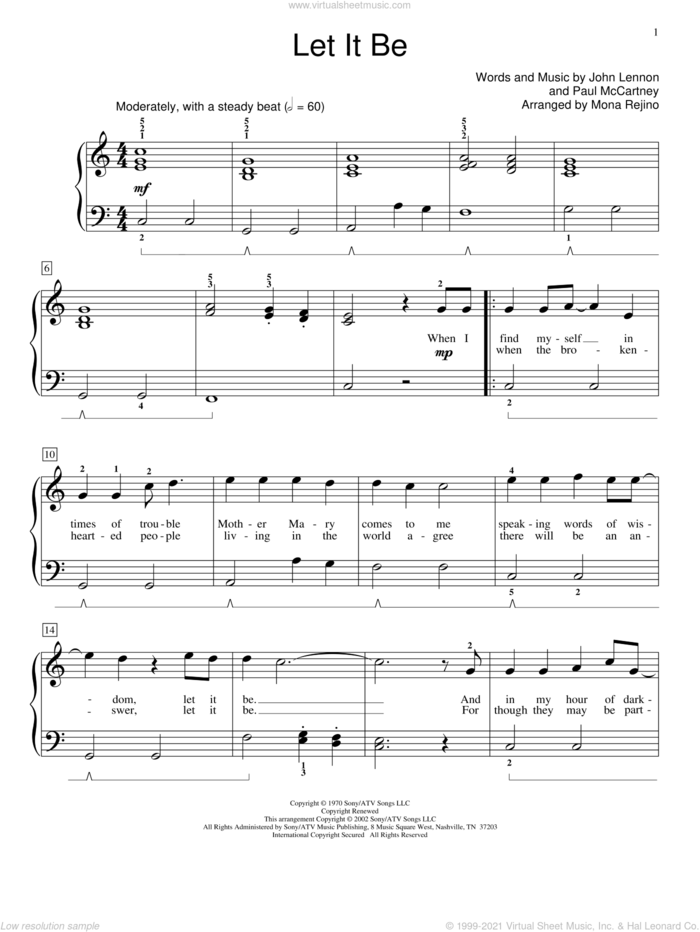 Let It Be sheet music for piano solo (elementary) by The Beatles, Fred Kern, Mona Rejino, Miscellaneous, John Lennon and Paul McCartney, beginner piano (elementary)