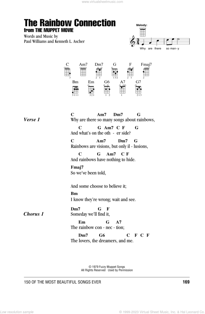 The Rainbow Connection sheet music for ukulele (chords) by Paul Williams and Kenneth L. Ascher, intermediate skill level