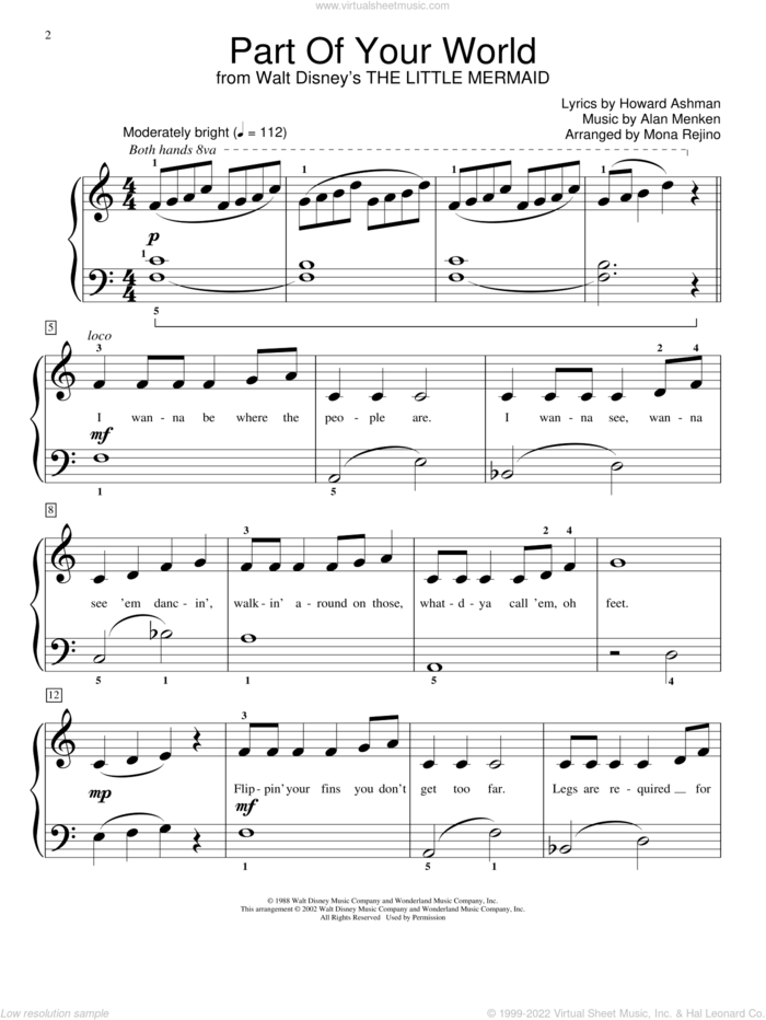 Part Of Your World (from The Little Mermaid) (arr. Mona Rejino) sheet music for piano solo (elementary) by Alan Menken, Mona Rejino, Miscellaneous, The Little Mermaid (Movie), Alan Menken & Howard Ashman and Howard Ashman, beginner piano (elementary)