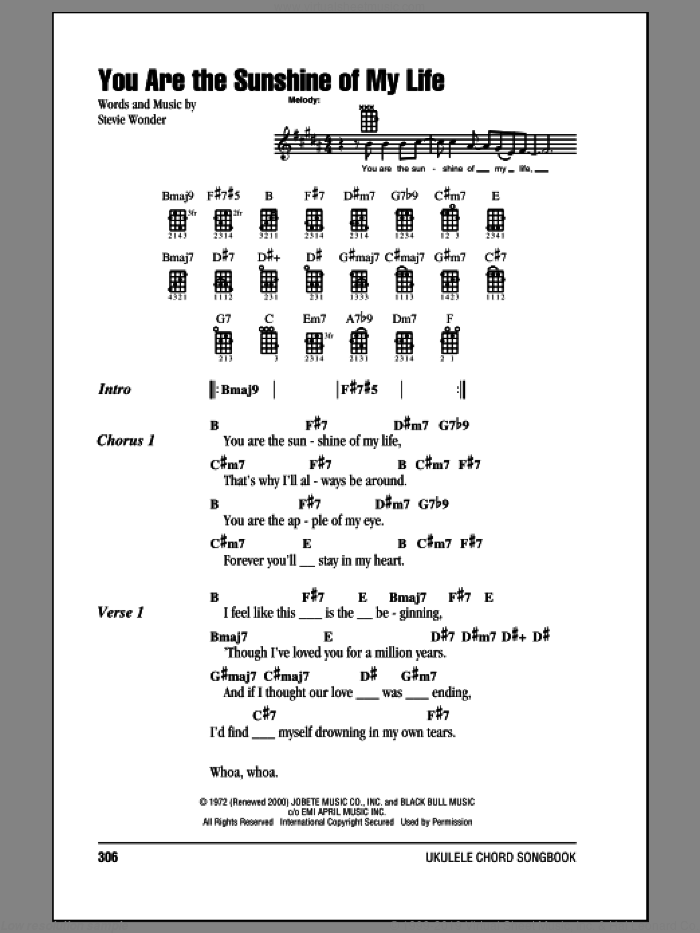 You Are The Sunshine Of My Life sheet music for ukulele (chords) by Stevie Wonder, intermediate skill level