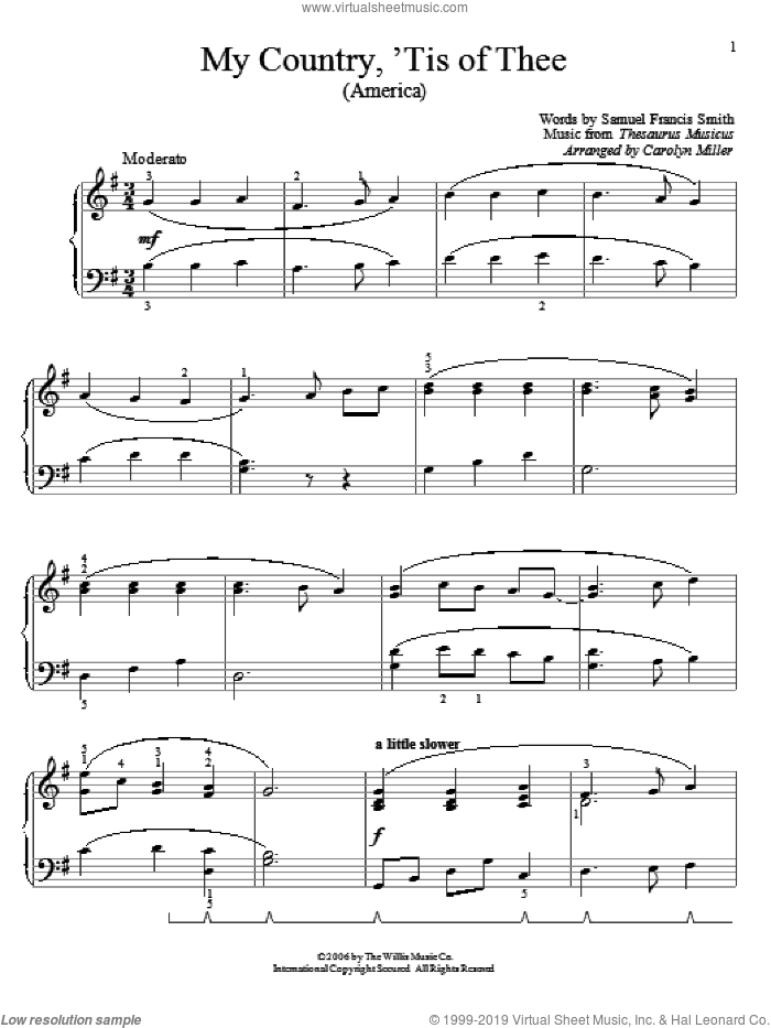 My Country, 'Tis Of Thee (America) sheet music for piano solo (elementary) by Samuel Francis Smith and Thesaurus Musicus, beginner piano (elementary)