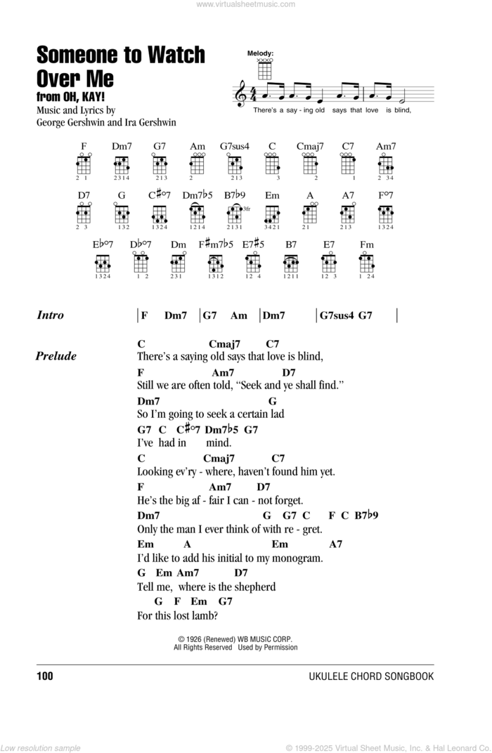 Someone To Watch Over Me sheet music for ukulele (chords) by George Gershwin and Ira Gershwin, wedding score, intermediate skill level