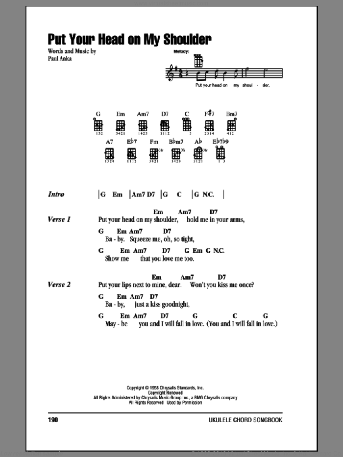 Put Your Head On My Shoulder sheet music for ukulele (chords) by Paul Anka, intermediate skill level