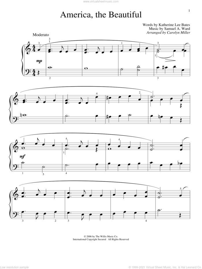 America, The Beautiful sheet music for piano solo (elementary) by Carolyn Miller, Katharine Bates, Katherine Lee Bates and Samuel Augustus Ward, beginner piano (elementary)