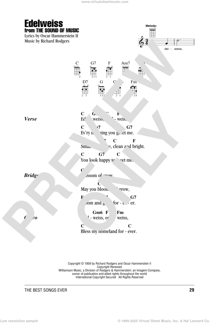 Edelweiss sheet music for ukulele (chords) by Richard Rodgers and Oscar II Hammerstein, intermediate skill level