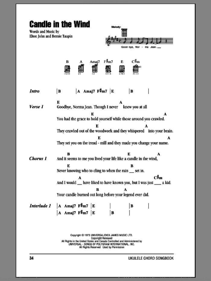 Candle In The Wind sheet music for ukulele (chords) by Elton John, intermediate skill level