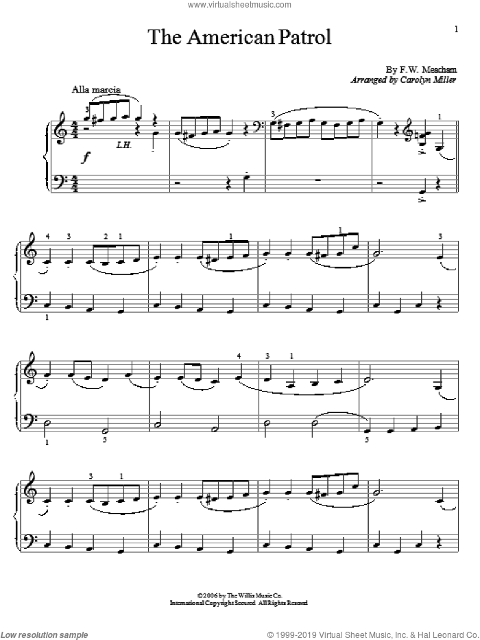The American Patrol sheet music for piano solo (elementary) by F.W. Meacham and Carolyn Miller, beginner piano (elementary)