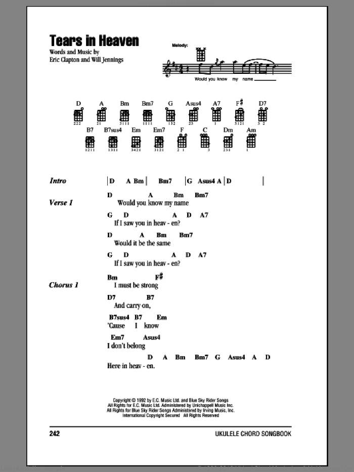 Tears In Heaven sheet music for ukulele (chords) by Eric Clapton, intermediate skill level