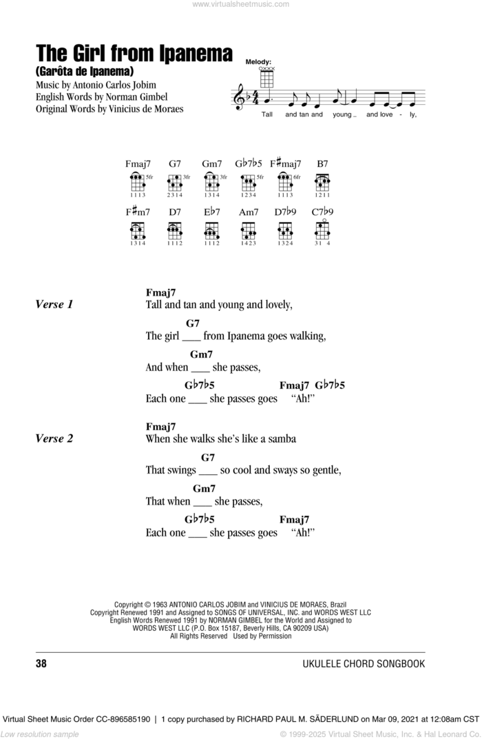 The Girl From Ipanema (feat. Astrud Gilberto) sheet music for ukulele (chords) by Antonio Carlos Jobim, Stan Getz & JoAo Gilberto, Norman Gimbel, Stan Getz & Astrud Gilberto and Vinicius de Moraes, intermediate skill level