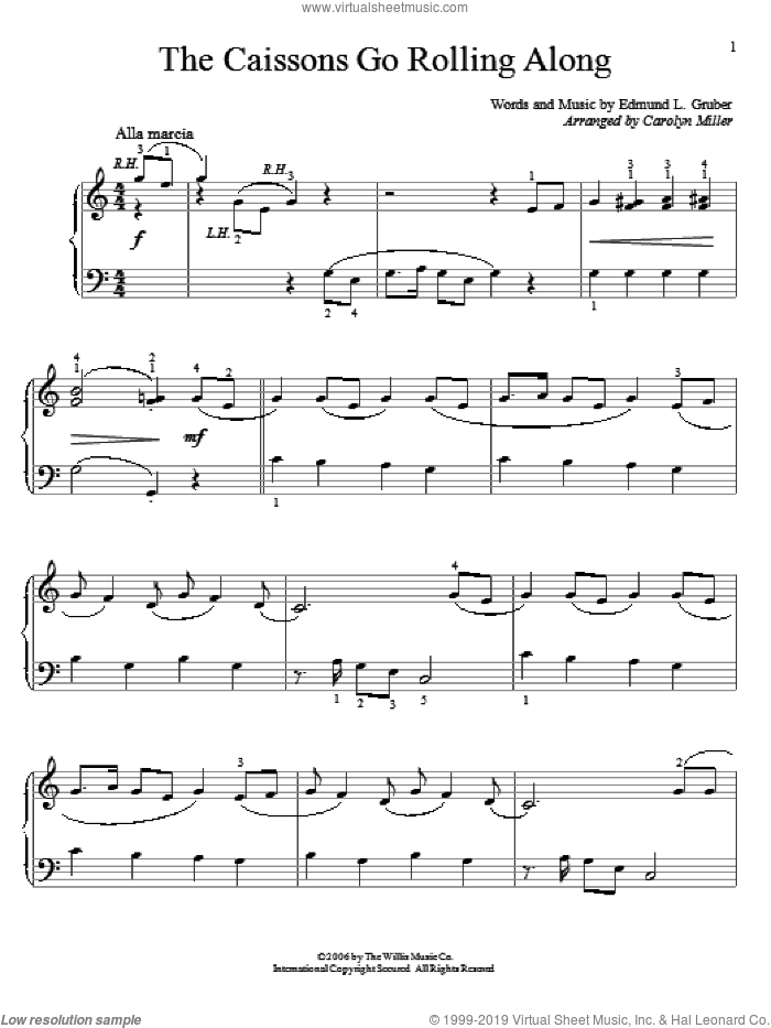 The Caissons Go Rolling Along (arr. Carolyn Miller) sheet music for piano solo (elementary) by Edmund L. Gruber and Carolyn Miller, beginner piano (elementary)