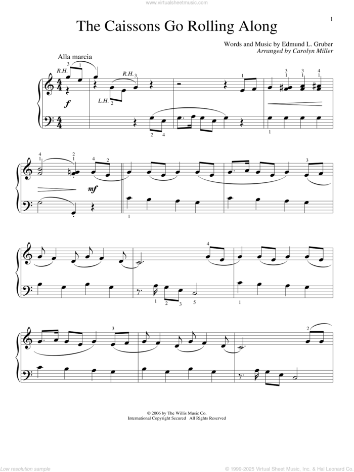 The Caissons Go Rolling Along (arr. Carolyn Miller) sheet music for piano solo (elementary) by Edmund L. Gruber and Carolyn Miller, beginner piano (elementary)