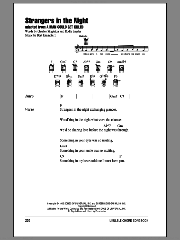 Strangers In The Night sheet music for ukulele (chords) by Frank Sinatra, intermediate skill level
