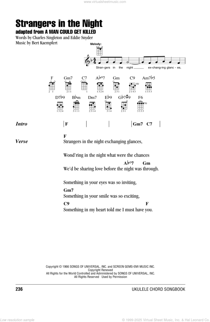 Strangers In The Night sheet music for ukulele (chords) by Frank Sinatra, intermediate skill level