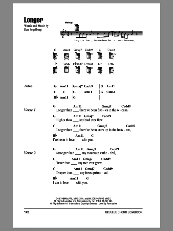 Longer sheet music for ukulele (chords) by Dan Fogelberg, intermediate skill level